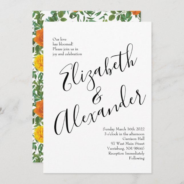 Orange Roses Wedding Floral Modern Invitation (Front/Back)