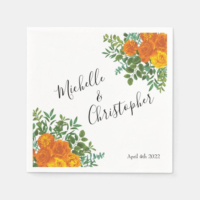 Orange Roses Wedding Floral Modern Napkin (Front)