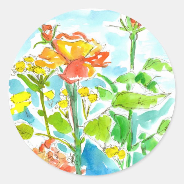 Orange Roses Yellow Wildflowers Classic Round Sticker (Front)