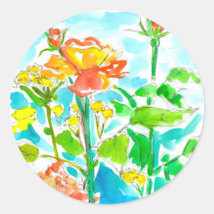 Orange Roses Yellow Wildflowers Classic Round Sticker