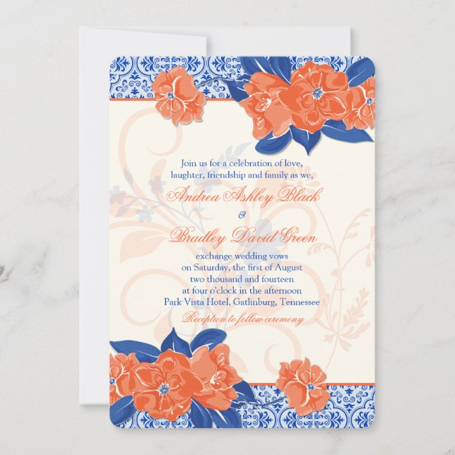 Orange Royal Blue Floral Wedding Invitation (Front)