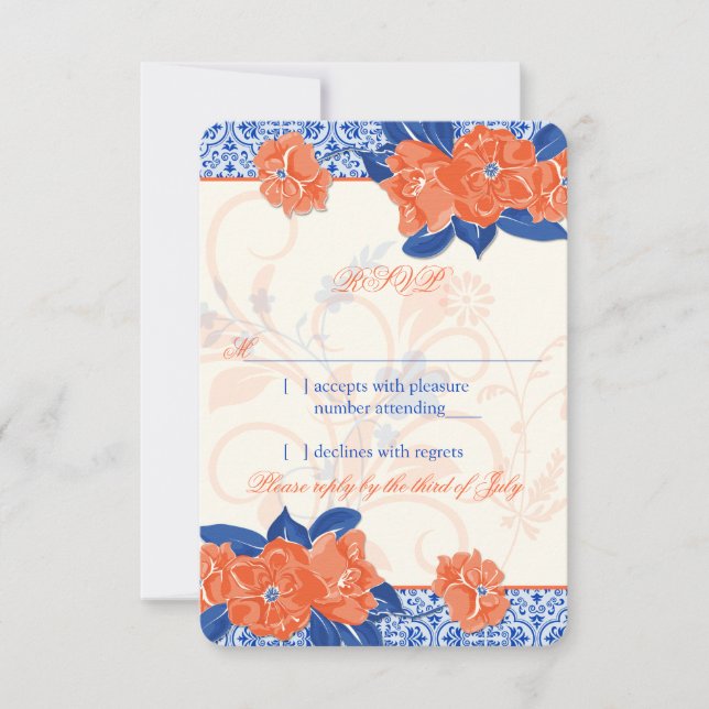 Orange Royal Blue Floral Wedding RSVP Reply Card (Front)