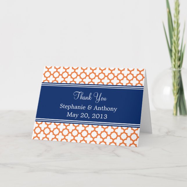 Orange, Royal Blue Quatrefoil  Wedding Thank You Card (Front)