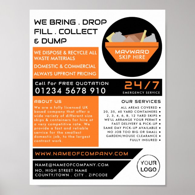 Orange Rubbish Skip, Skip/Dumpster Company Poster (Front)