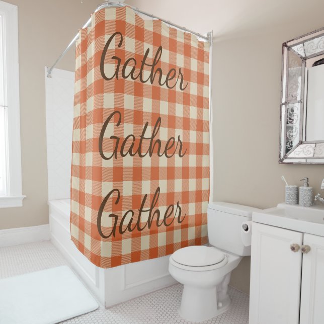Orange rust and Cream Buffalo Plaid Shower Curtain (In Situ)