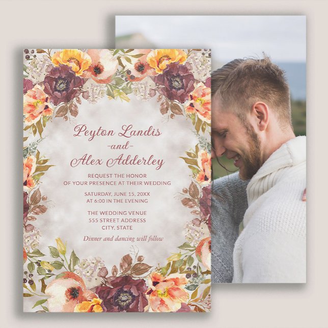Orange Rust Fall Autumn Floral Photo Wedding Invitation (Rust and orange watercolor floral fall wedding photo invitation)