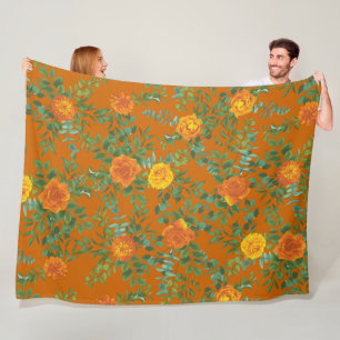 Orange & Rust Fall Peony & Rose Floral Wedding Fleece Blanket