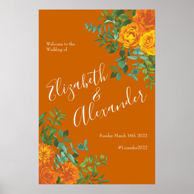 Orange & Rust Fall Peony Rose Floral Wedding Poster (Front)