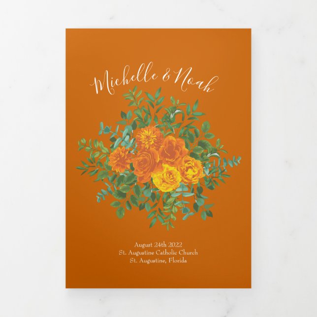 Orange & Rust Fall Peony Rose Wedding Programs Tri-Fold Programme (Cover)