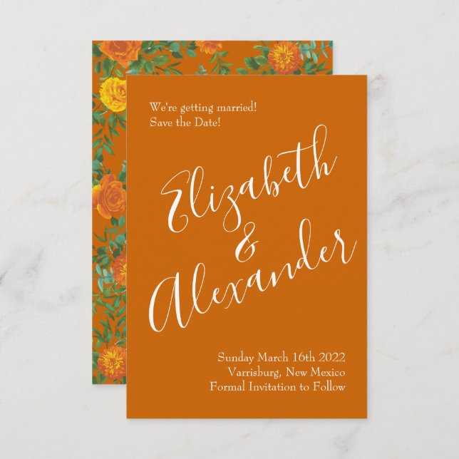 Orange & Rust Fall Peony Rose Wedding Save Date Invitation (Front/Back)