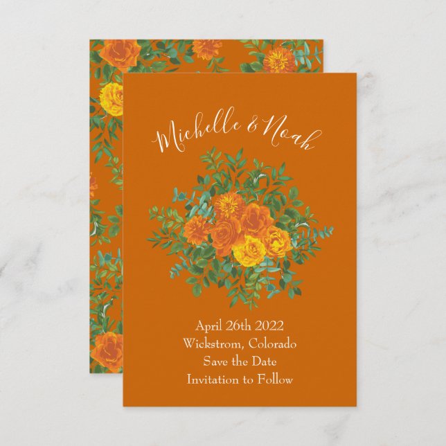 Orange & Rust Fall Peony Rose Wedding Save Date Invitation (Front/Back)