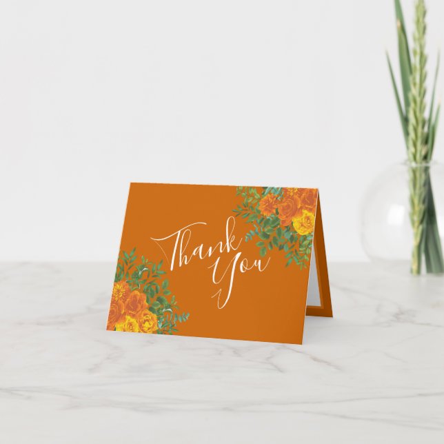 Orange & Rust Fall Peony Rose Wedding Thank You Card (Front)
