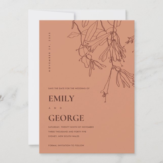 ORANGE RUST LINE DRAWING FLORAL SAVE THE DATE CARD (Front)