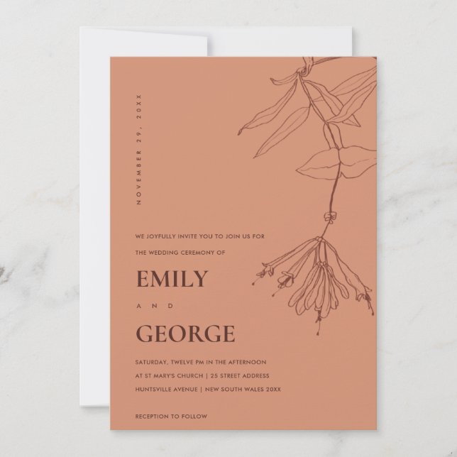 ORANGE RUST LINE DRAWING FLORAL WEDDING INVITE (Front)