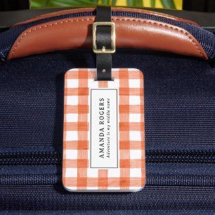 Orange Rust Watercolor Buffalo Plaid Modern Luggage Tag