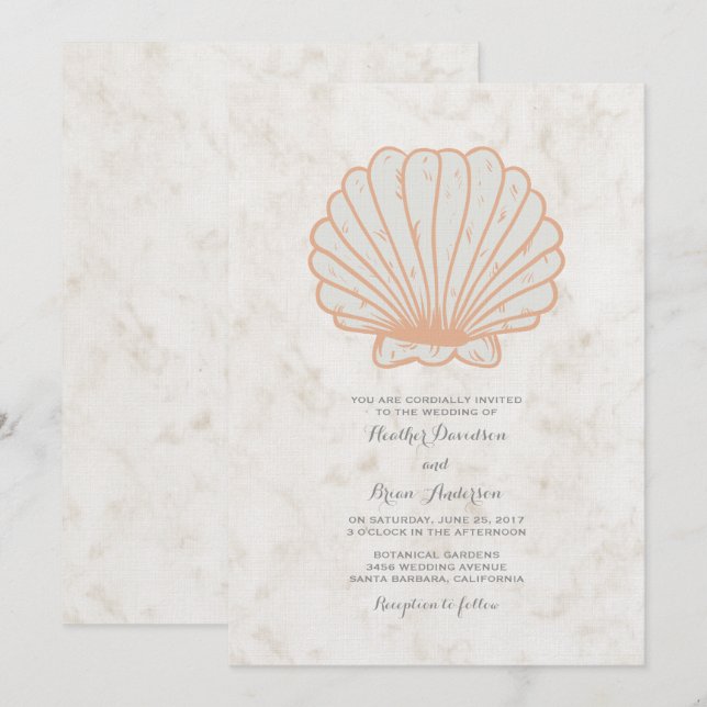 Orange Rustic Seashell Wedding Invite (Front/Back)