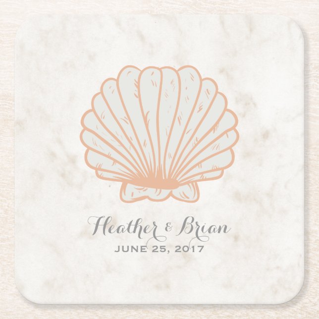 Orange Rustic Seashell Wedding Square Paper Coaster (Front)