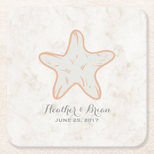 Orange Rustic Starfish Wedding Square Paper Coaster