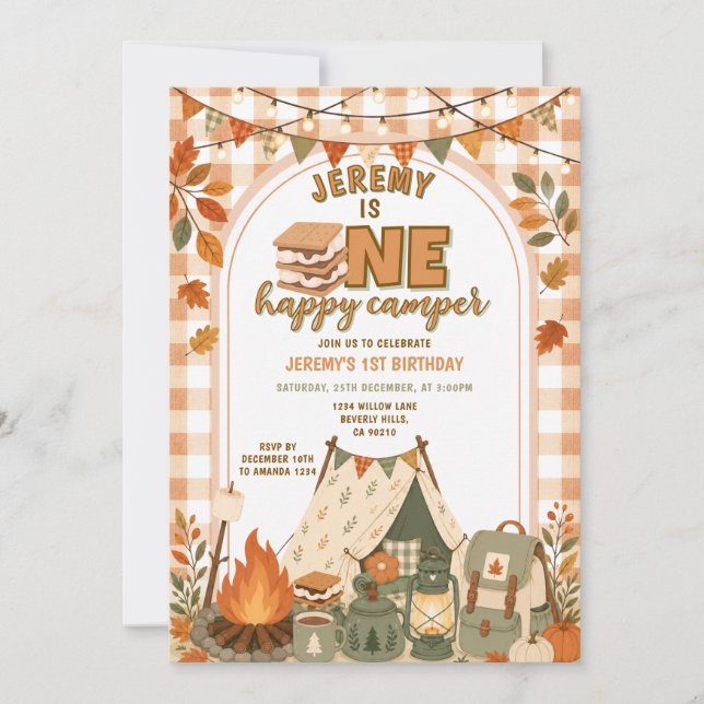 Orange S’mores Camping Boy Camper Party Gingham Invitation (Front)