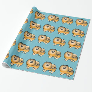 Orange Sable Pomeranian Dog Pattern On Blue Wrapping Paper