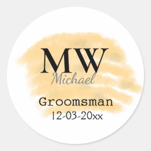 Orange sage green groomsman add name letter date b classic round sticker