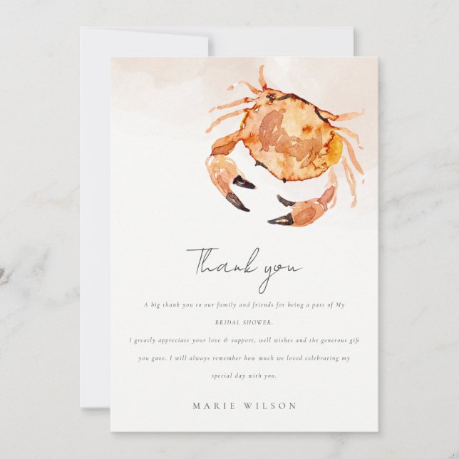 Orange Sand Coastal Crab Nautical Bridal Shower Thank You Card (Front)