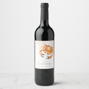 Orange Sand Coastal Crab Nautical Bridal Shower Wine Label