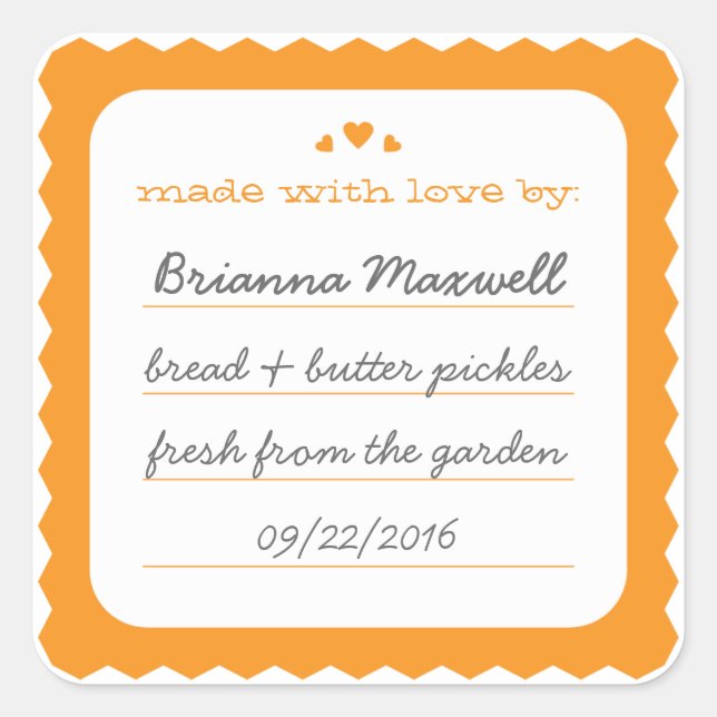 Orange Scallop Hearts Jar Label Square Sticker (Front)