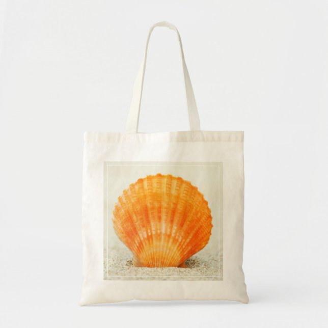 Orange Scallop Shell Standing Upright In Sand Tote Bag (Front)
