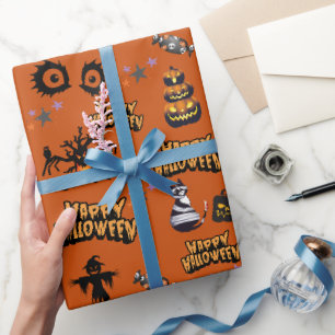 orange Scary Halloween Eyes Pumpkin Cat Wrapping Paper