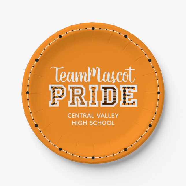 Orange School Pride Mascot Name Paper Plates (Front)