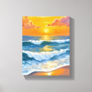 Orange Sea Sunset Watercolor Ocean Waves Painted Canvas Print