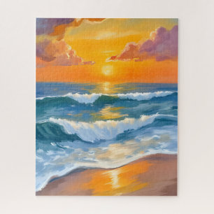 Orange Sea Sunset Watercolor Ocean Waves Painted Jigsaw Puzzle