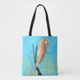 Orange Seahorse against a turquoise background Tote Bag