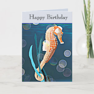 Orange Seahorse against the sea with bubbles Card
