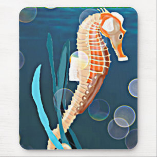 Orange Seahorse against the sea with bubbles Mouse Mat