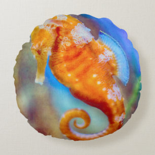 Orange Seahorse delight Round Cushion