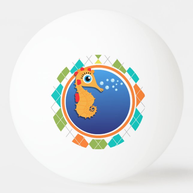 Orange Seahorse on Colourful Argyle Pattern Ping Pong Ball (Front)