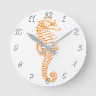 Orange Seahorse Round Clock
