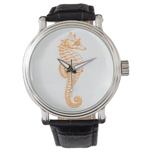 Orange Seahorse Watch Vintage Leather Strap Black