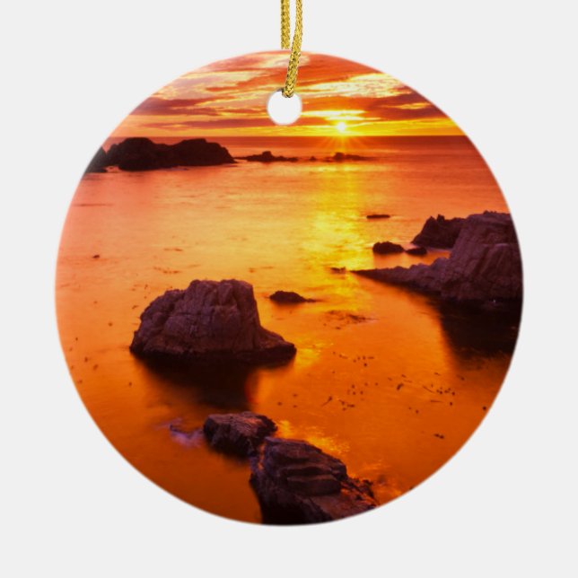 Orange seascape, sunset, California Ceramic Tree Decoration (Front)