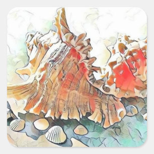Orange Seashells on beach watercolor painting Square Sticker