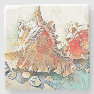 Orange Seashells on beach watercolor painting  Stone Coaster