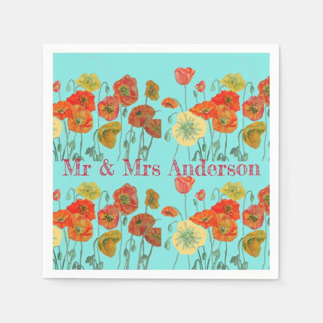 Orange Shabby Poppy Decor Serviette Napkins Aqua. (Front)