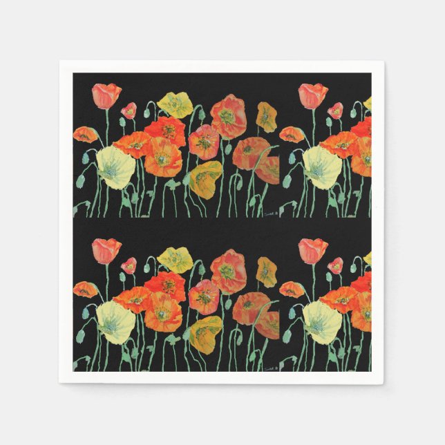 Orange Shabby Poppy Decor Serviette Napkins Black (Front)
