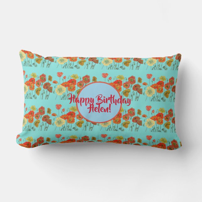 Orange Shabby Poppy Flowers Lumbar Cushion Aqua (Front)