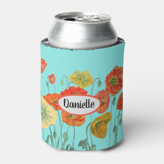 Orange Shabby Poppy Flowers Mom Daughter Aqua Can Cooler (Can Front)