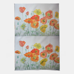 Orange Shabby Poppy Watercolour Tea Towel