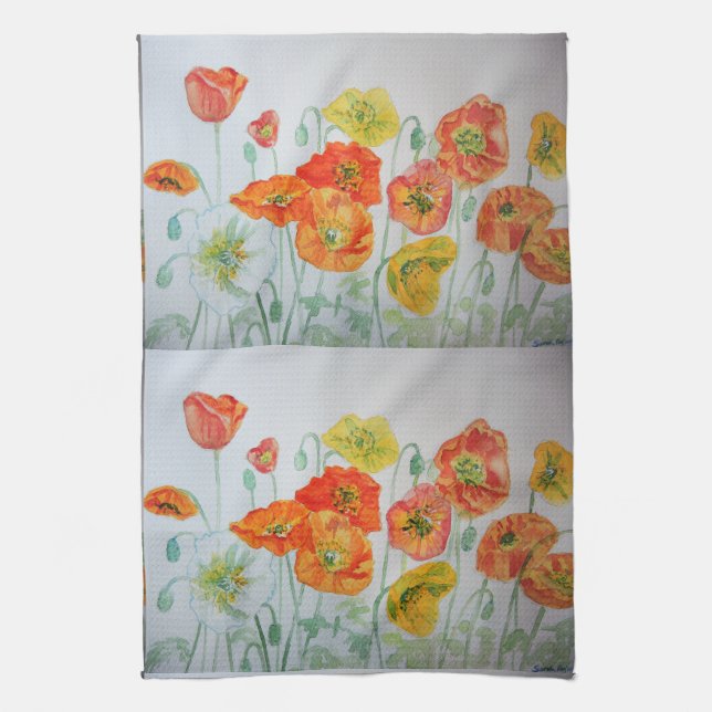 Orange Shabby Poppy Watercolour Tea Towel (Vertical)