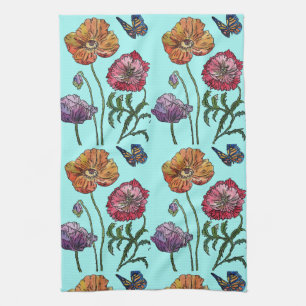 Orange Shabby Poppy Watercolour Tea Towel Aqua